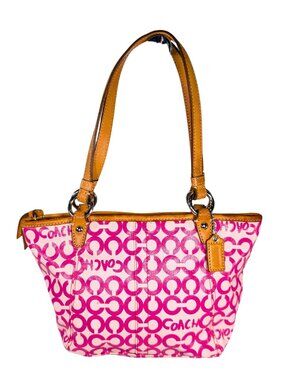 Coach Leah Y2K Vintage Pink Coated Tan Leather Mini Op Art Signature Zip Tote